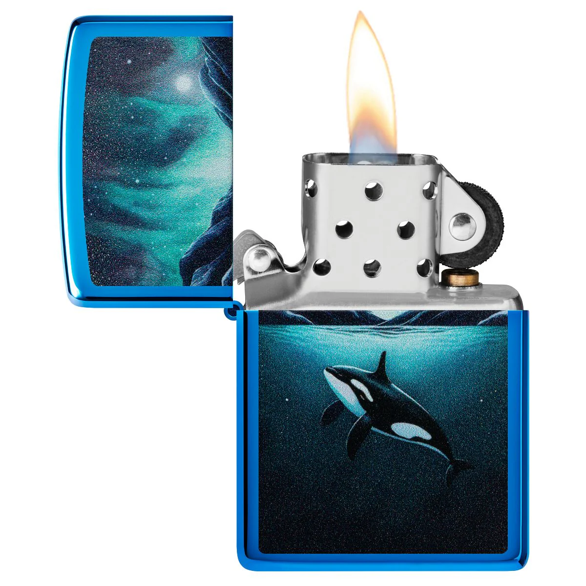 Zippo Lighter: Killer Whale Design - High Polish Blue 48984 - Image 3
