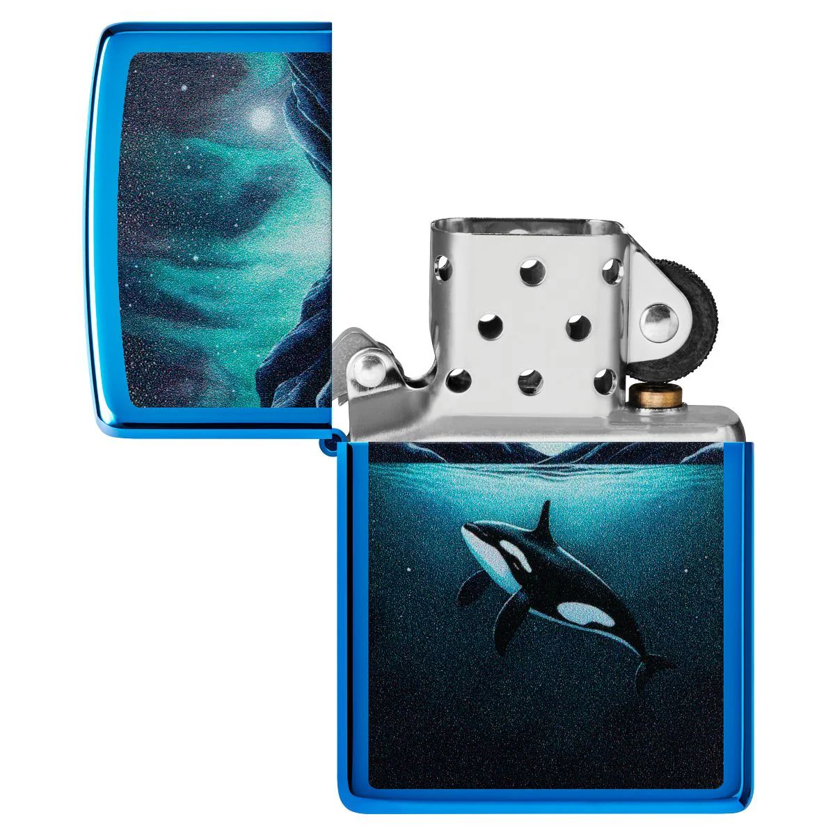 Zippo Lighter: Killer Whale Design - High Polish Blue 48984 - Image 4