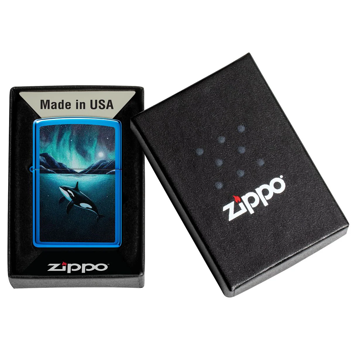 Zippo Lighter: Killer Whale Design - High Polish Blue 48984 - Image 6