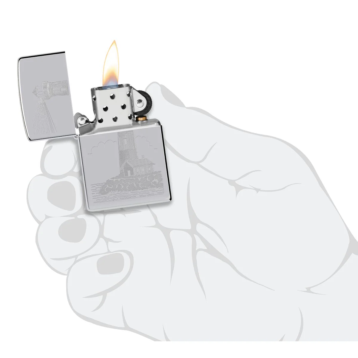 Zippo Lighter: Lighthouse Design, Engraved - High Polish Chrome 46725 - Image 5