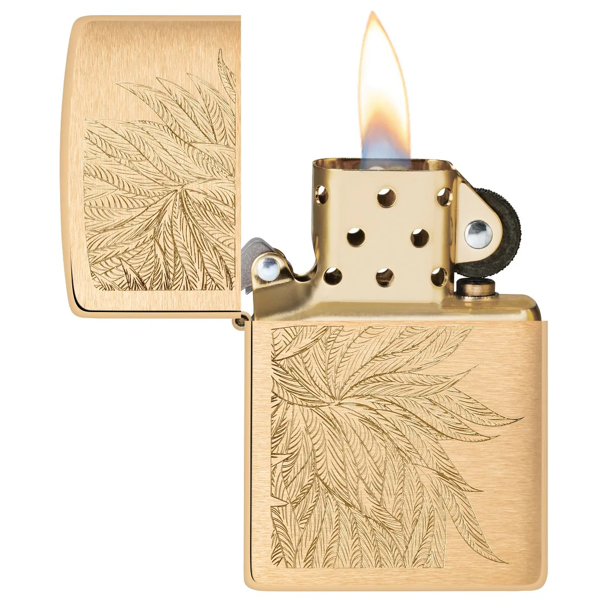 Zippo Lighter: Lush Weed Leaves, Engraved - Brushed Brass 46826 - Image 3