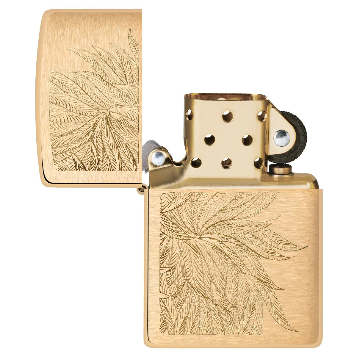 Zippo Lighter: Lush Weed Leaves, Engraved - Brushed Brass 46826 - Image 4