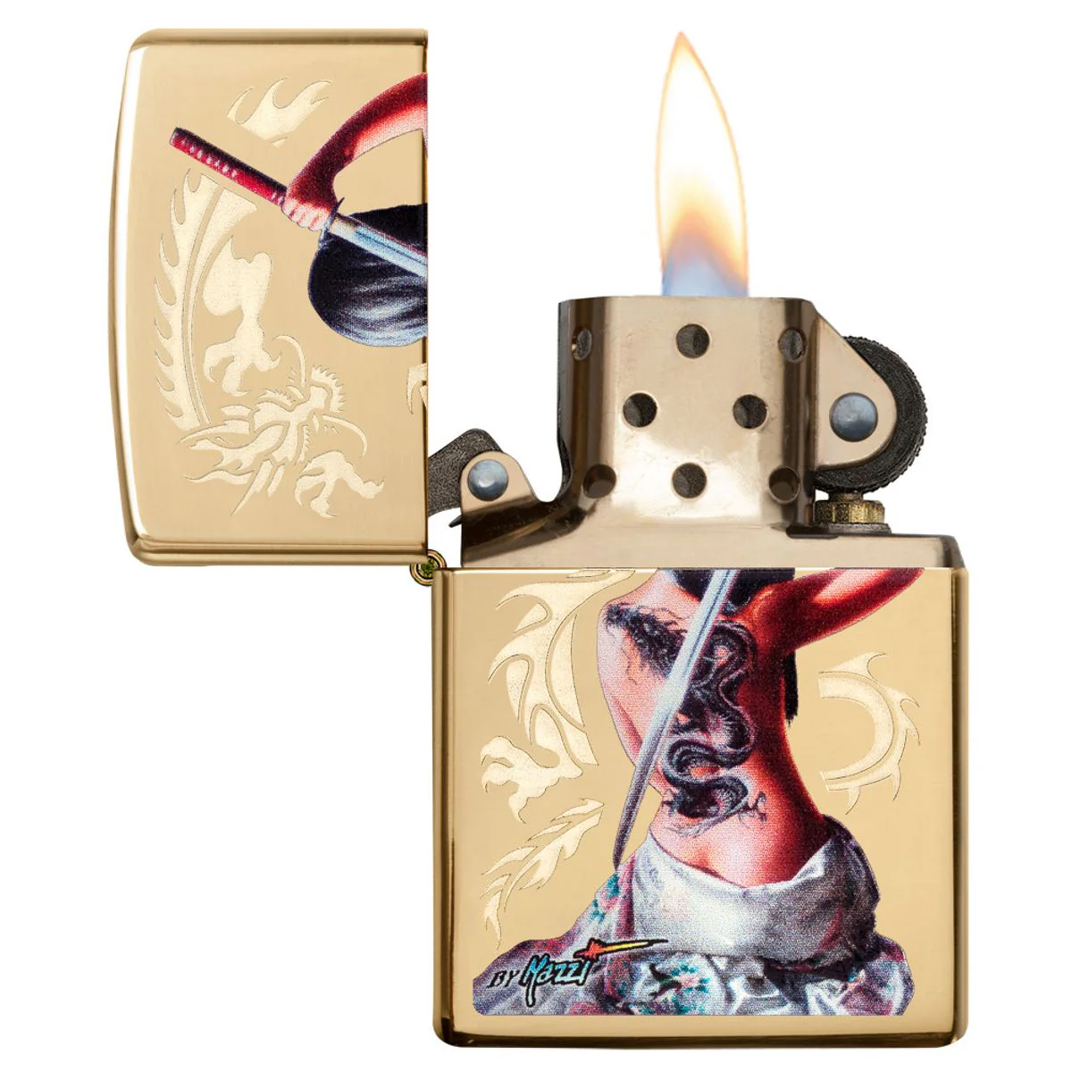 Zippo Lighter: Mazzi Samurai Girl - High Polish Brass 29668 - Image 3