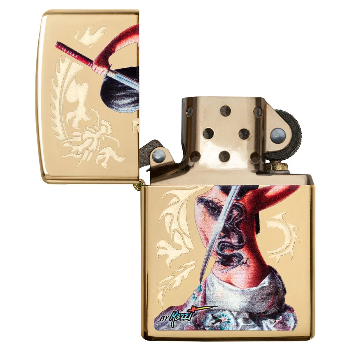 Zippo Lighter: Mazzi Samurai Girl - High Polish Brass 29668 - Image 4