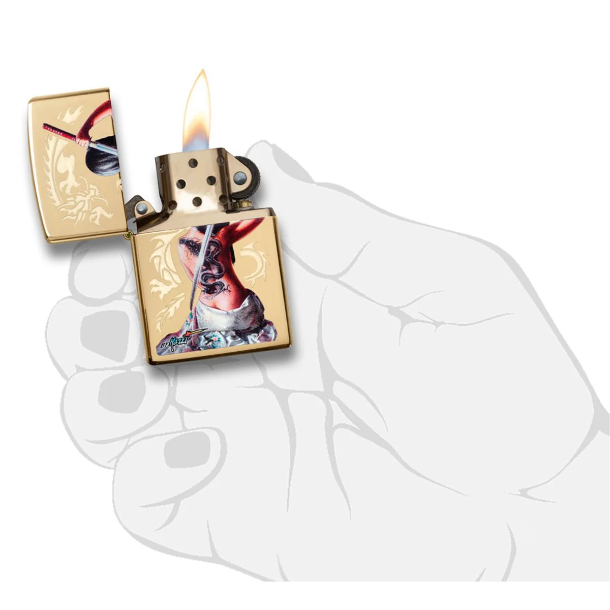 Zippo Lighter: Mazzi Samurai Girl - High Polish Brass 29668 - Image 5