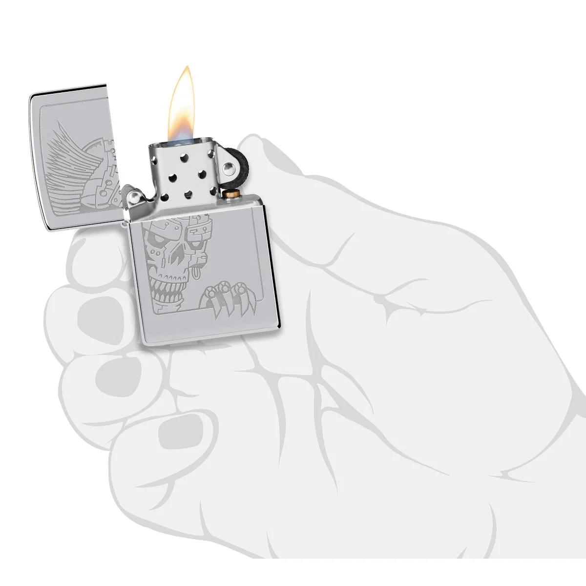 Zippo Lighter: Mohawk Skull Design, Engraved - High Polish Chrome 46426 - Image 5