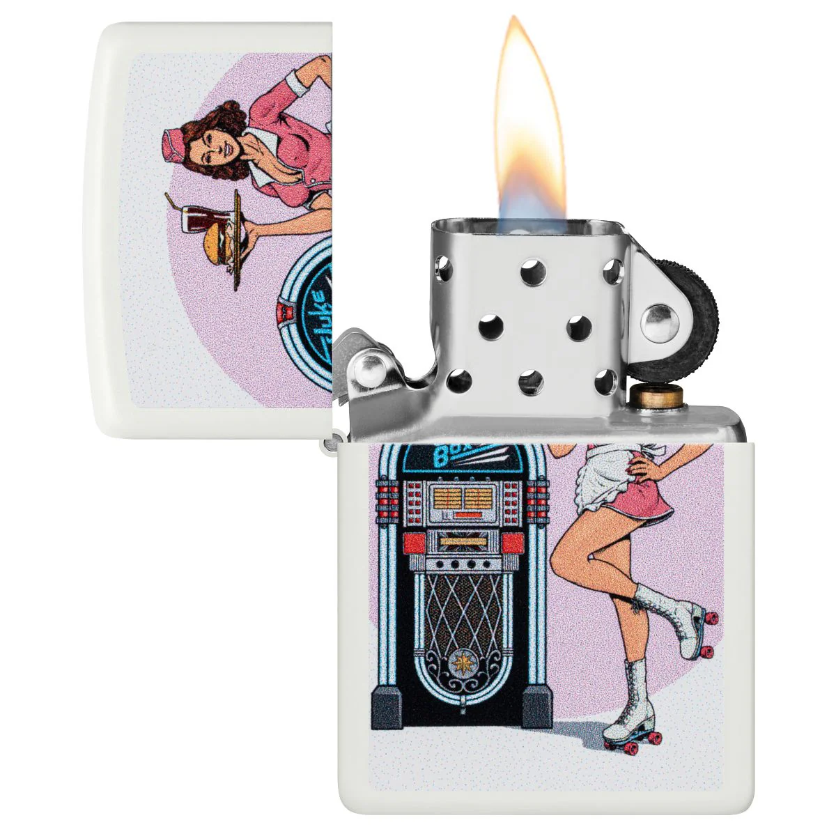 Zippo Lighter: Pin-up Waitress with Roller Skates - White Matte 46902 - Image 3