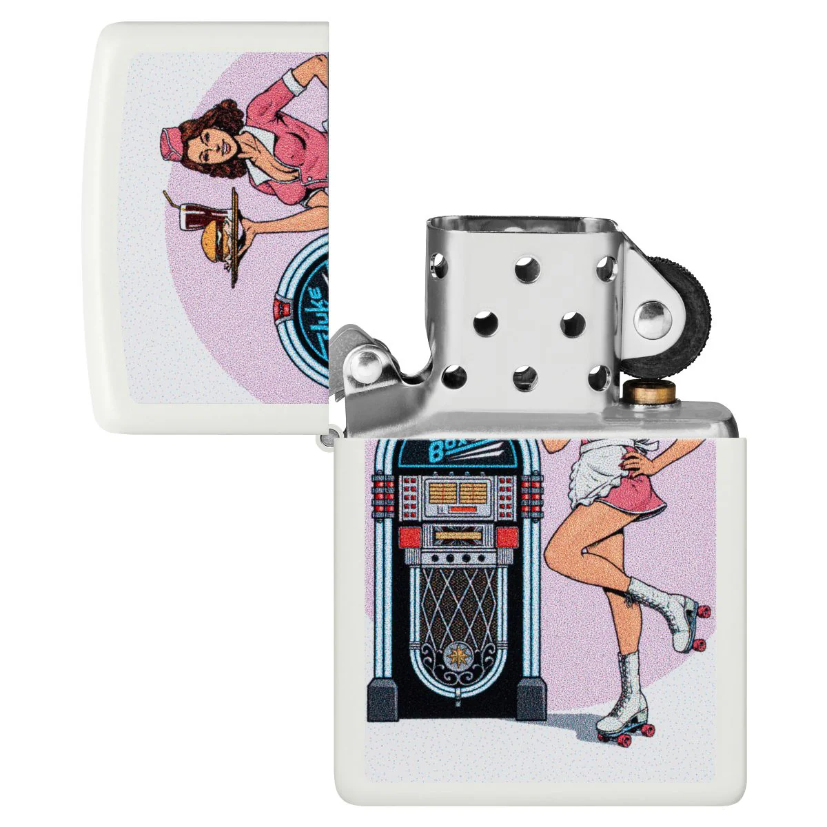 Zippo Lighter: Pin-up Waitress with Roller Skates - White Matte 46902 - Image 4