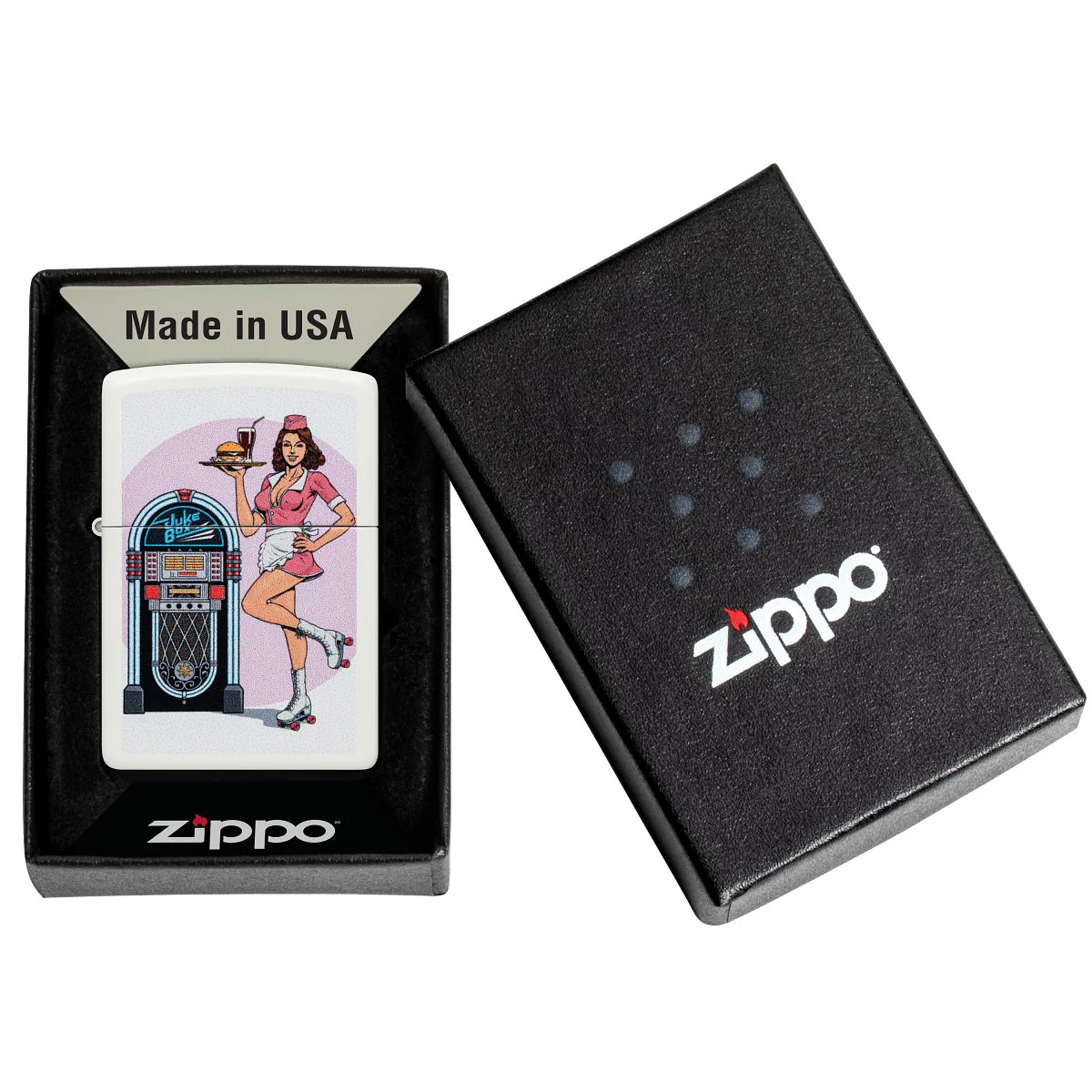 Zippo Lighter: Pin-up Waitress with Roller Skates - White Matte 46902 - Image 6