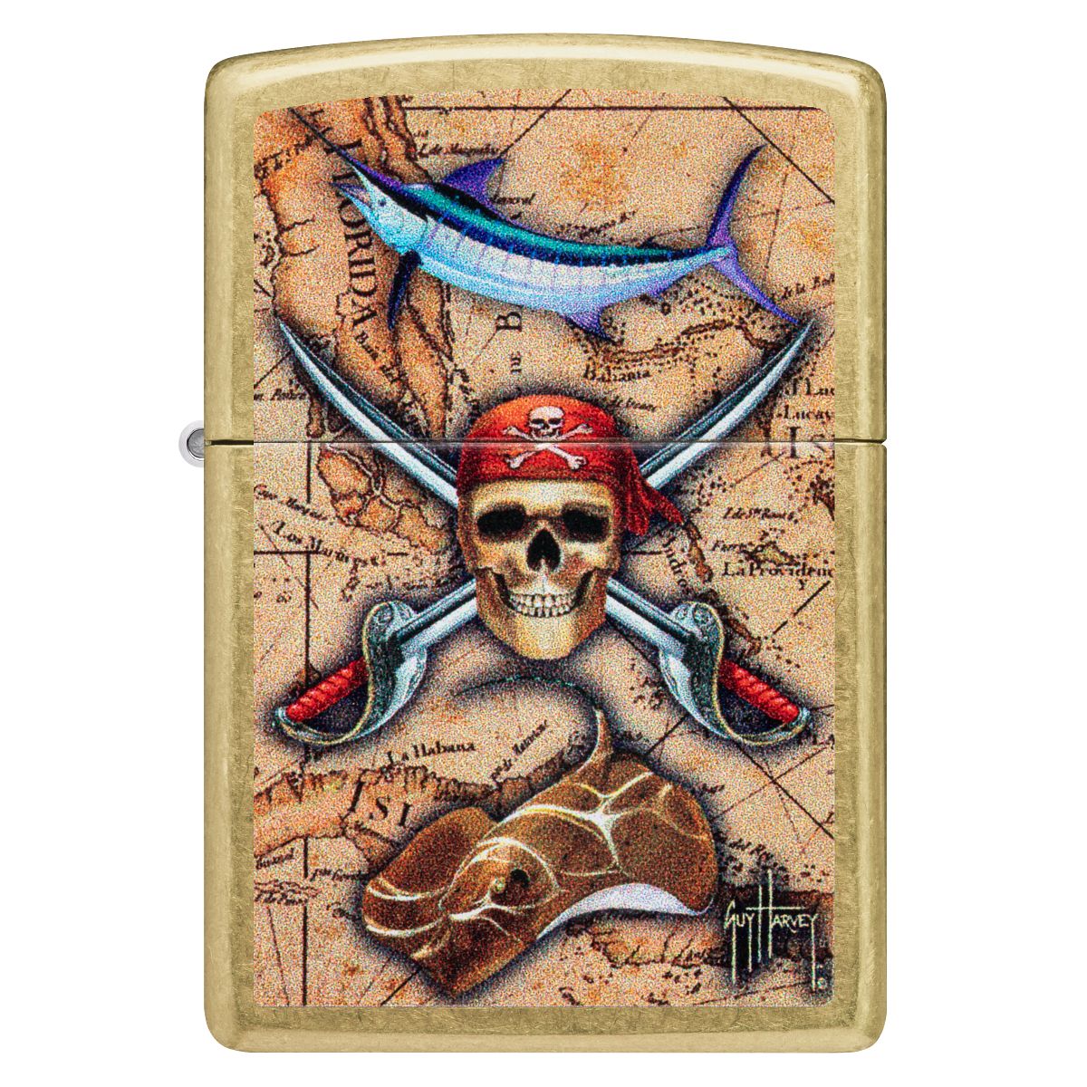 Zippo Lighter: Pirate Skull and Treasure Map by Guy Harvey - Tumbled Brass 48966 - Image 2