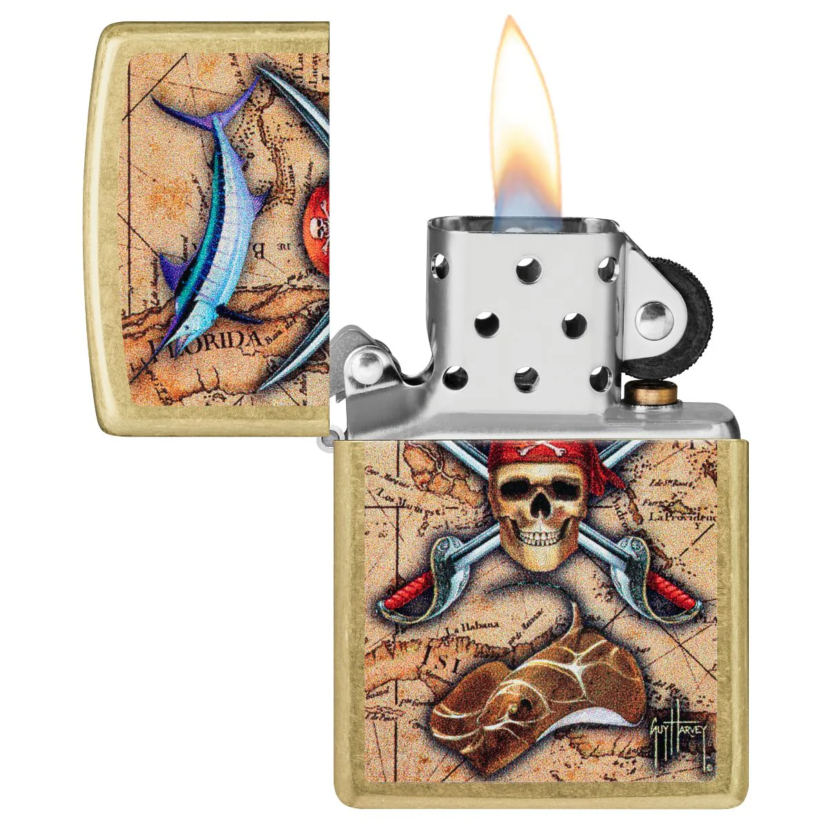 Zippo Lighter: Pirate Skull and Treasure Map by Guy Harvey - Tumbled Brass 48966 - Image 3