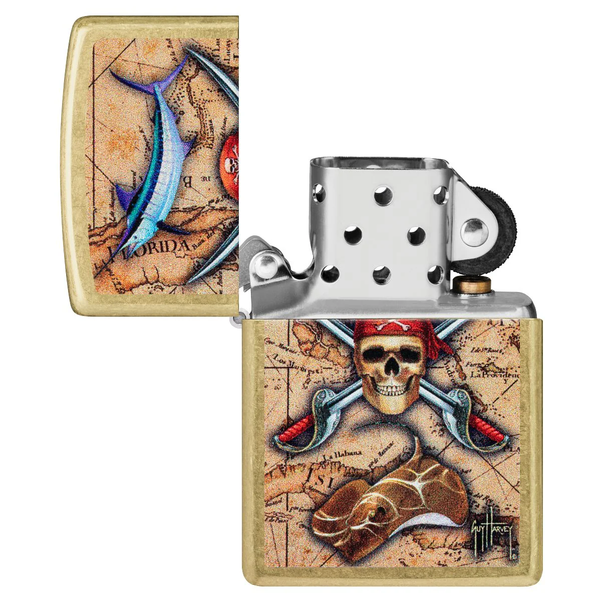 Zippo Lighter: Pirate Skull and Treasure Map by Guy Harvey - Tumbled Brass 48966 - Image 4