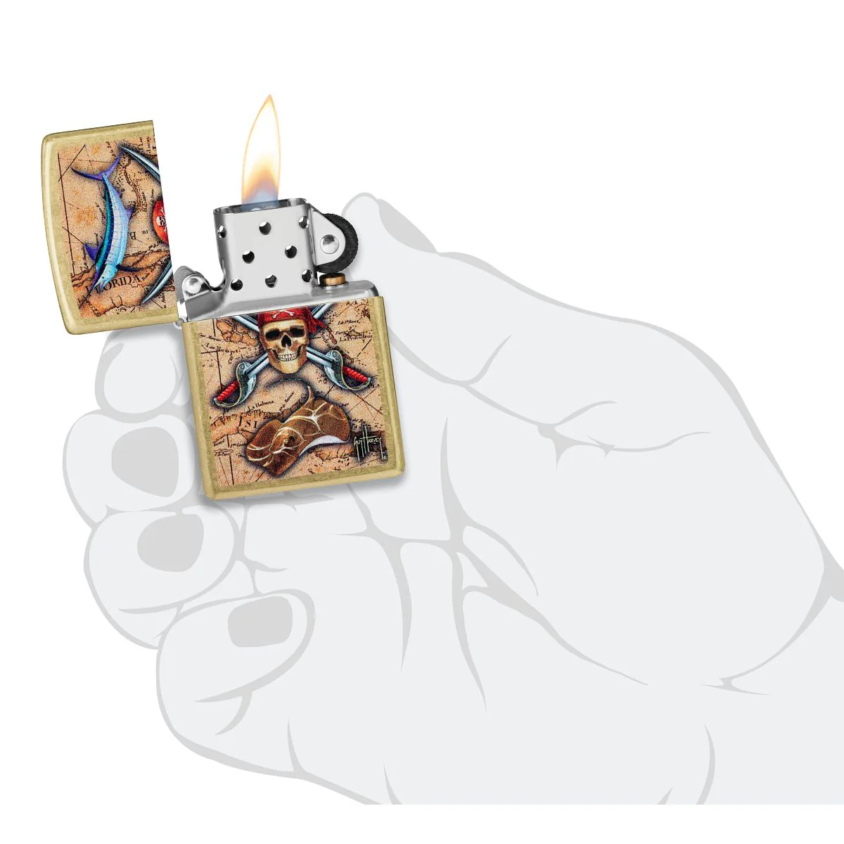 Zippo Lighter: Pirate Skull and Treasure Map by Guy Harvey - Tumbled Brass 48966 - Image 5