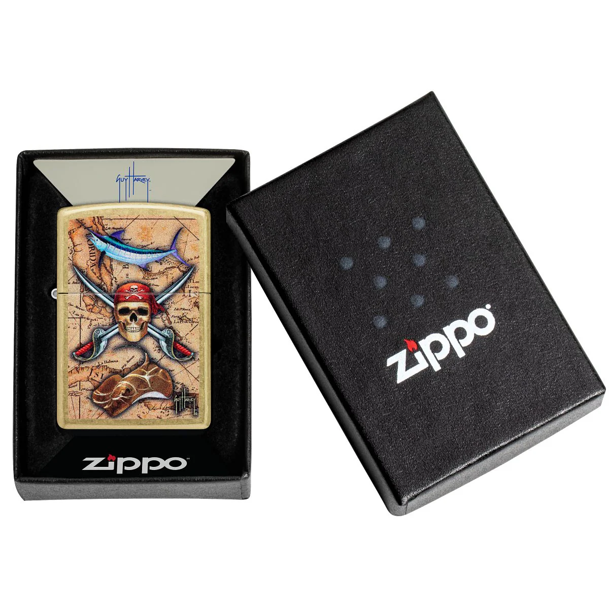 Zippo Lighter: Pirate Skull and Treasure Map by Guy Harvey - Tumbled Brass 48966 - Image 6