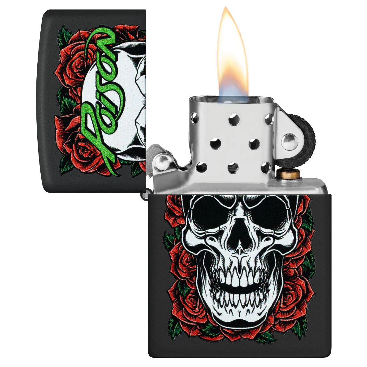 Zippo Lighter: Poison, Skull and Roses - Black Matte 47229 - Image 3