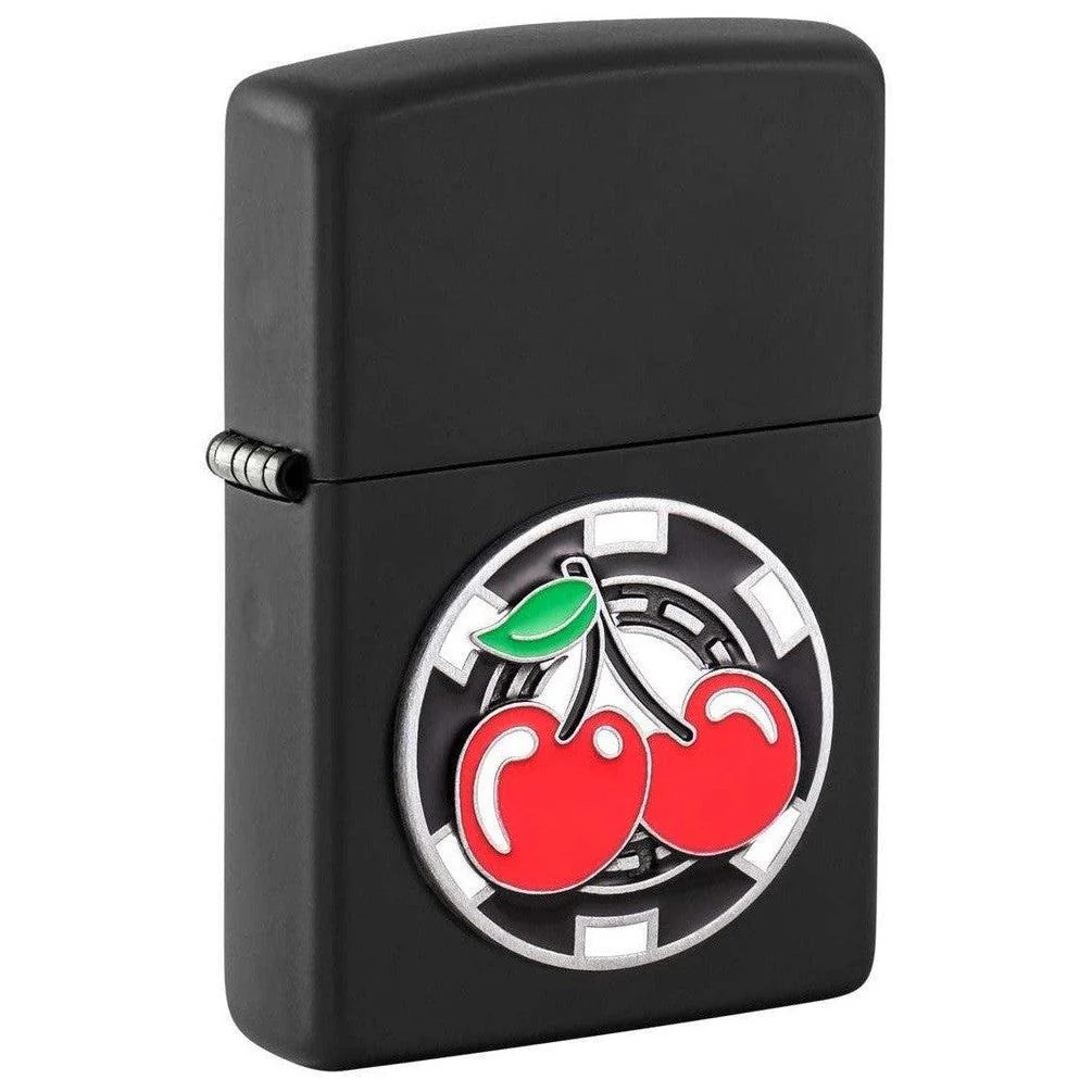 Zippo Lighter: Poker Chip with Cherries Emblem - Black Matte 48905