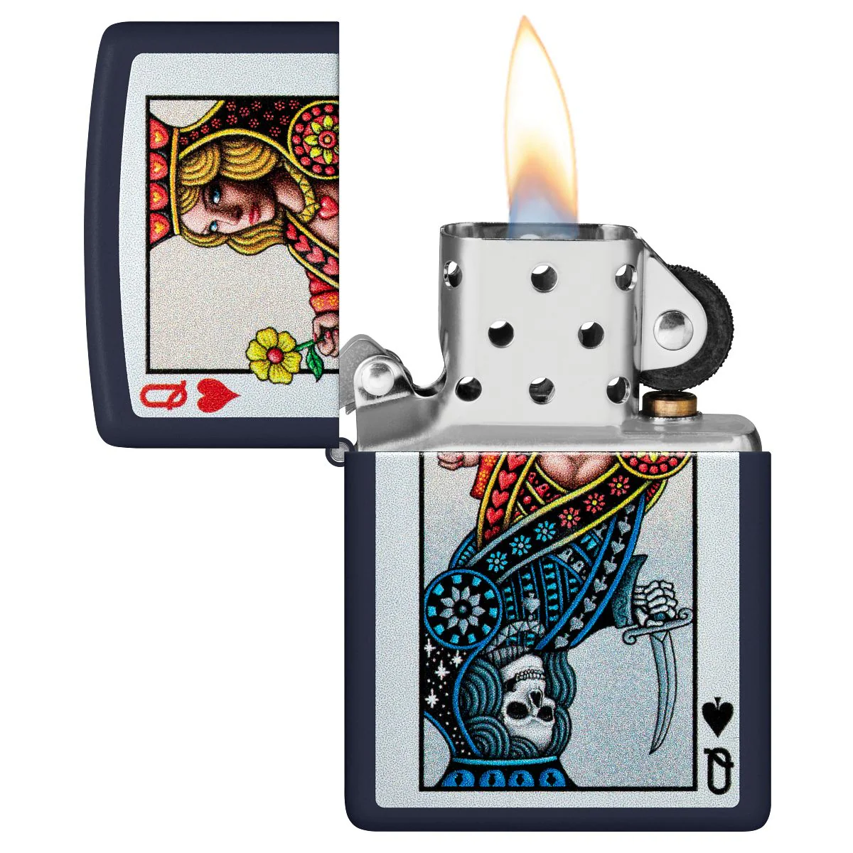 Zippo Lighter: Queen of Hearts and Spades - Navy Matte 48723 - Image 3
