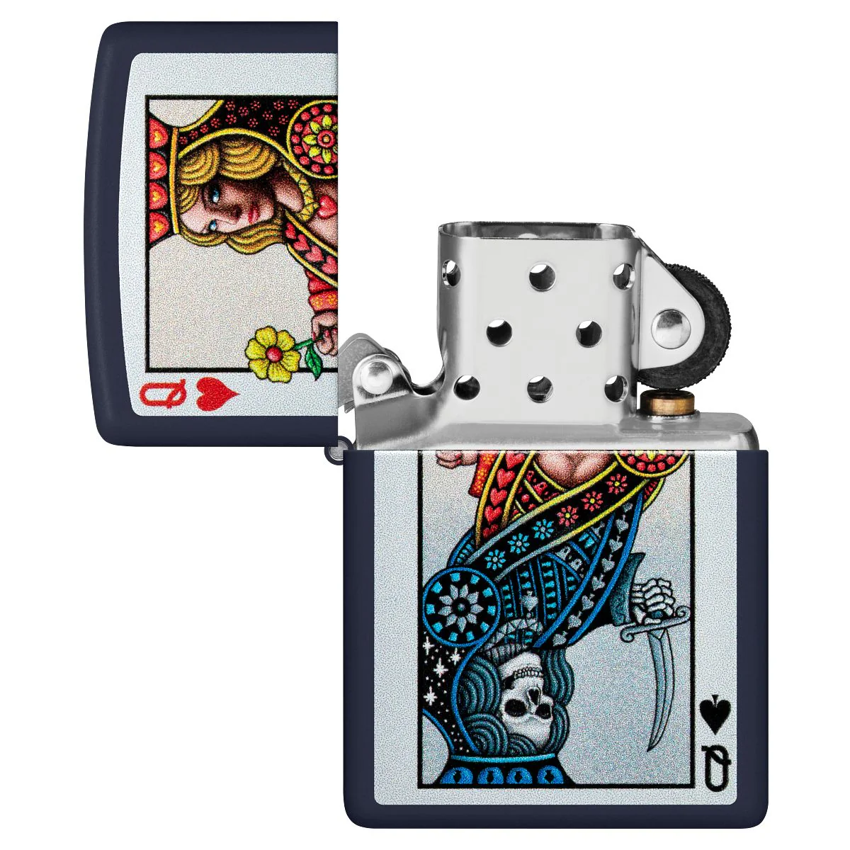 Zippo Lighter: Queen of Hearts and Spades - Navy Matte 48723 - Image 4