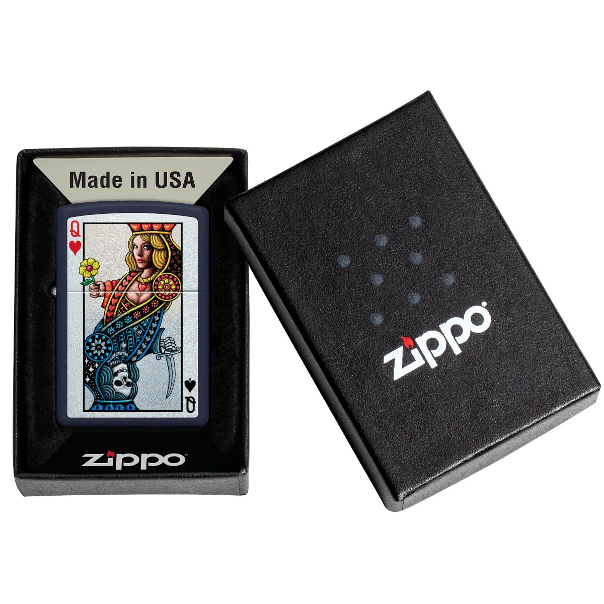 Zippo Lighter: Queen of Hearts and Spades - Navy Matte 48723 - Image 6
