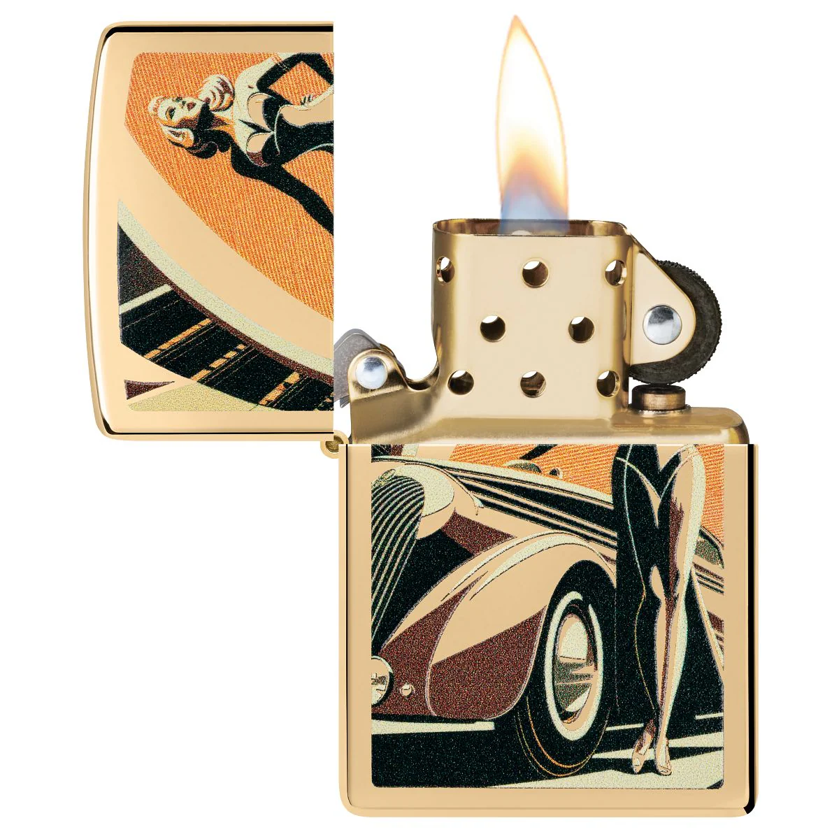 Zippo Lighter: Retro Car and Pin-up Girl - High Polish Brass 46348 - Image 3