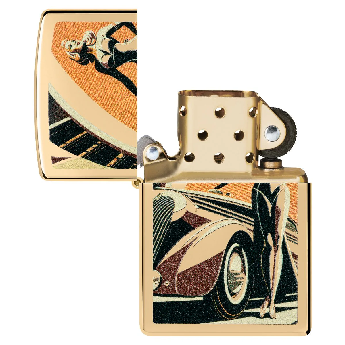 Zippo Lighter: Retro Car and Pin-up Girl - High Polish Brass 46348 - Image 4