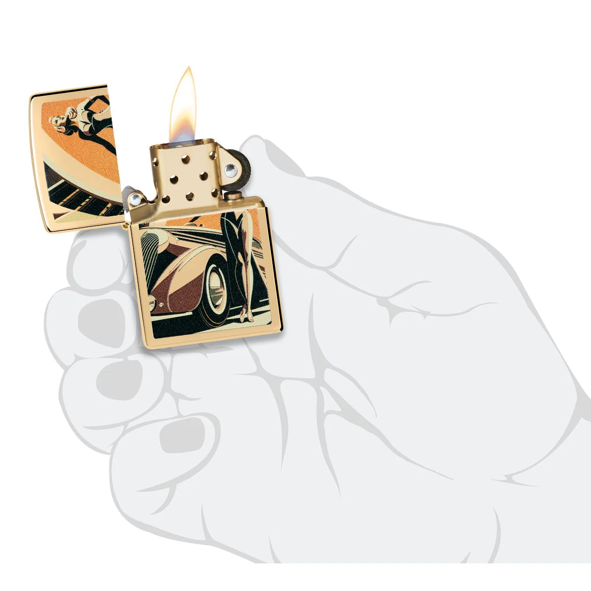 Zippo Lighter: Retro Car and Pin-up Girl - High Polish Brass 46348 - Image 5