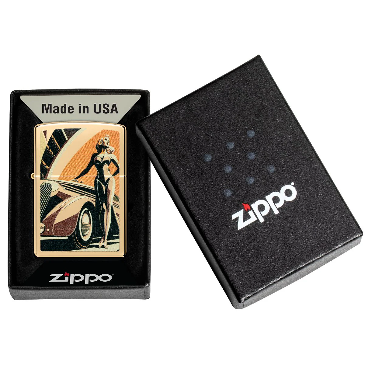 Zippo Lighter: Retro Car and Pin-up Girl - High Polish Brass 46348 - Image 6