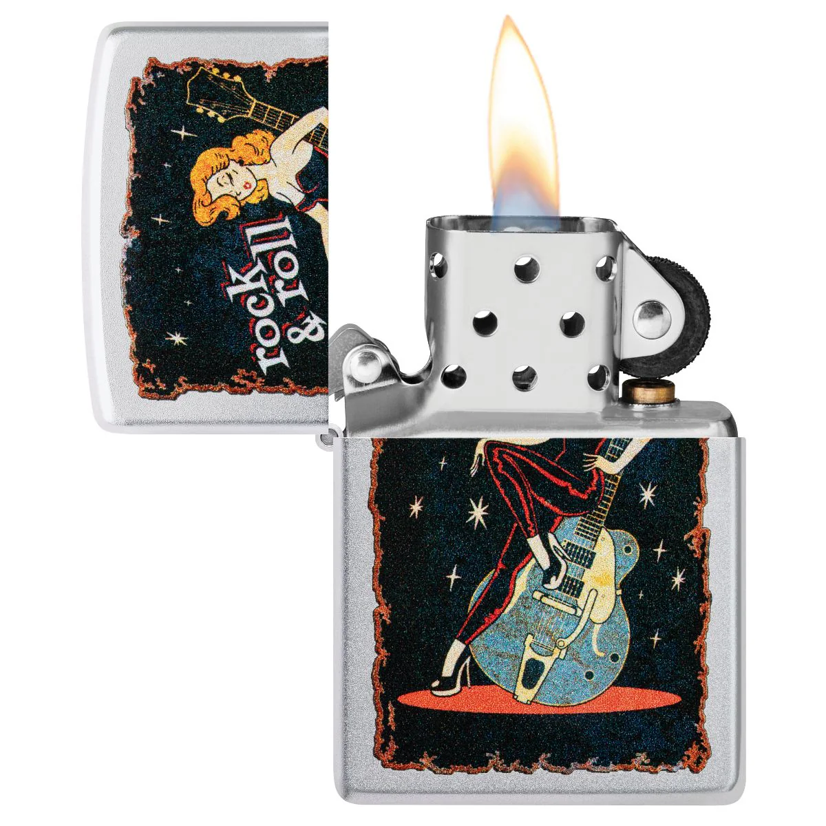 Zippo Lighter: Rock and Roll Girl with Guitar - Satin Chrome 48930 - Image 3