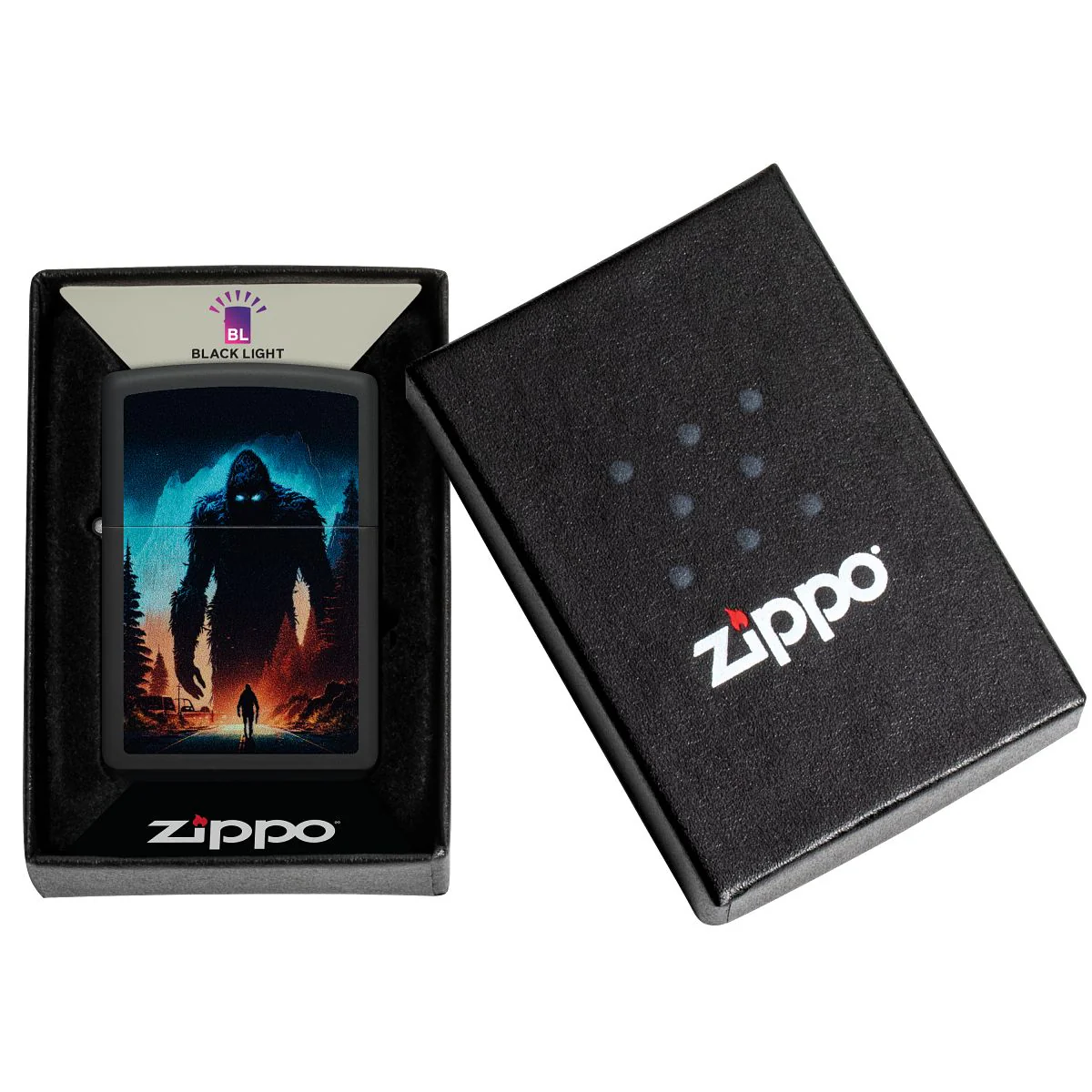 Zippo Lighter: Sasquatch Design, Black Light - Black Matte 46912 - Image 7