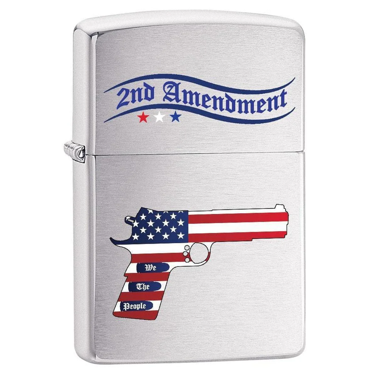 Zippo Lighter: Second Amendment Gun and American Flag - Brushed Chrome 79545
