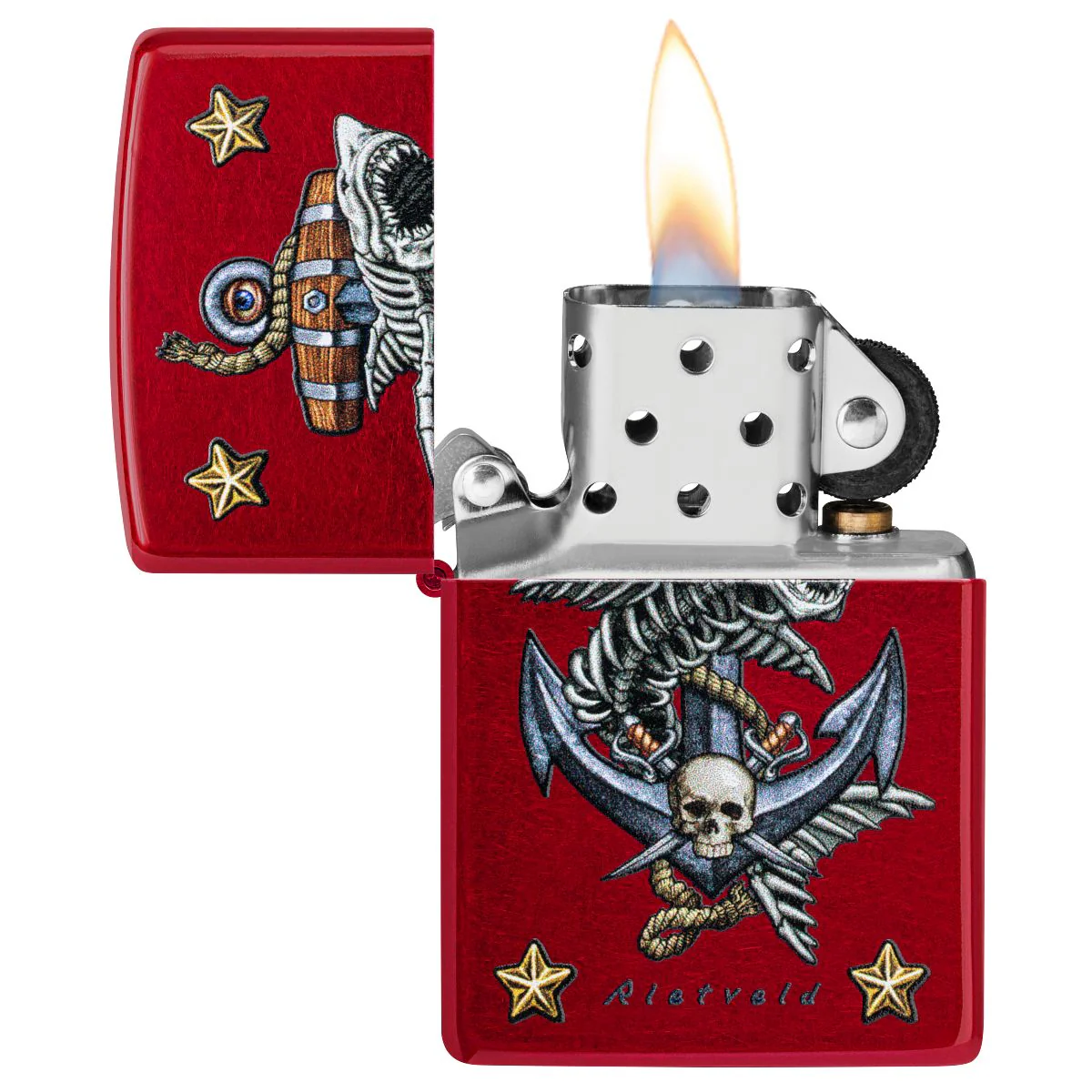 Zippo Lighter: Shark Skeleton and Anchor by Rietveld - Candy Apple Red 47109 - Image 3
