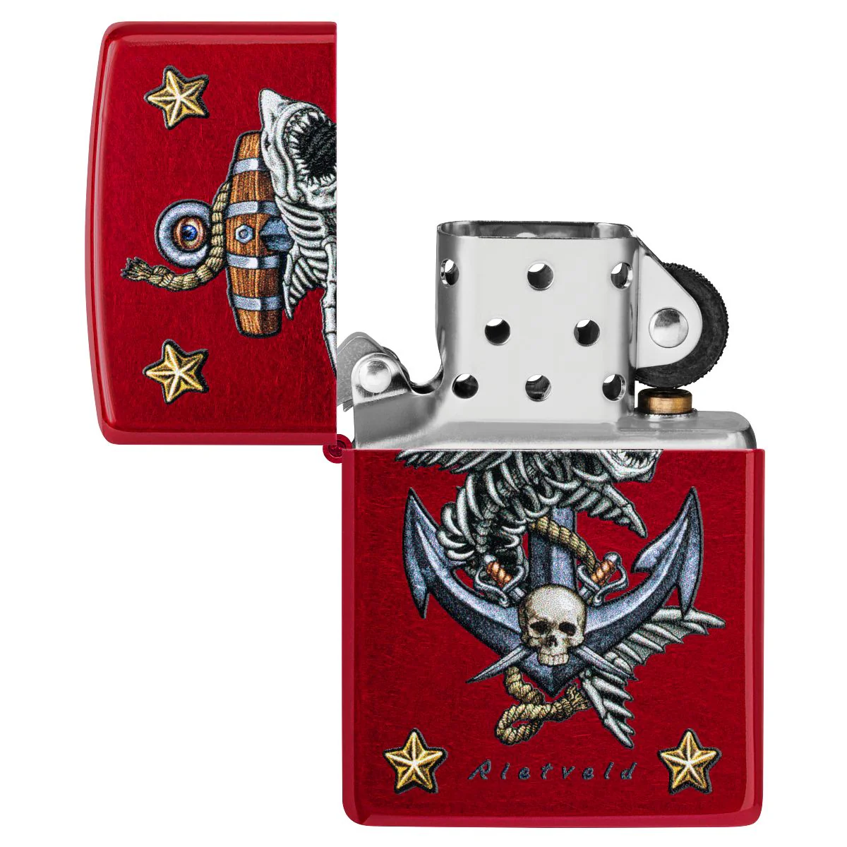 Zippo Lighter: Shark Skeleton and Anchor by Rietveld - Candy Apple Red 47109 - Image 4
