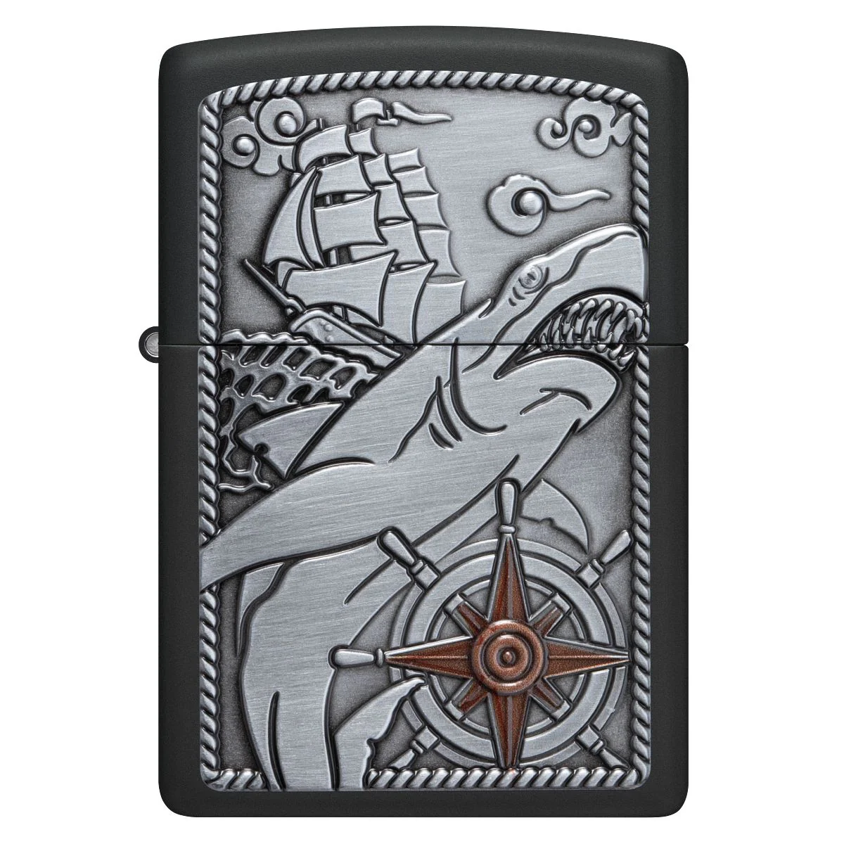 Zippo Lighter: Ship and Shark Emblem - Black Matte 48120 - Image 3