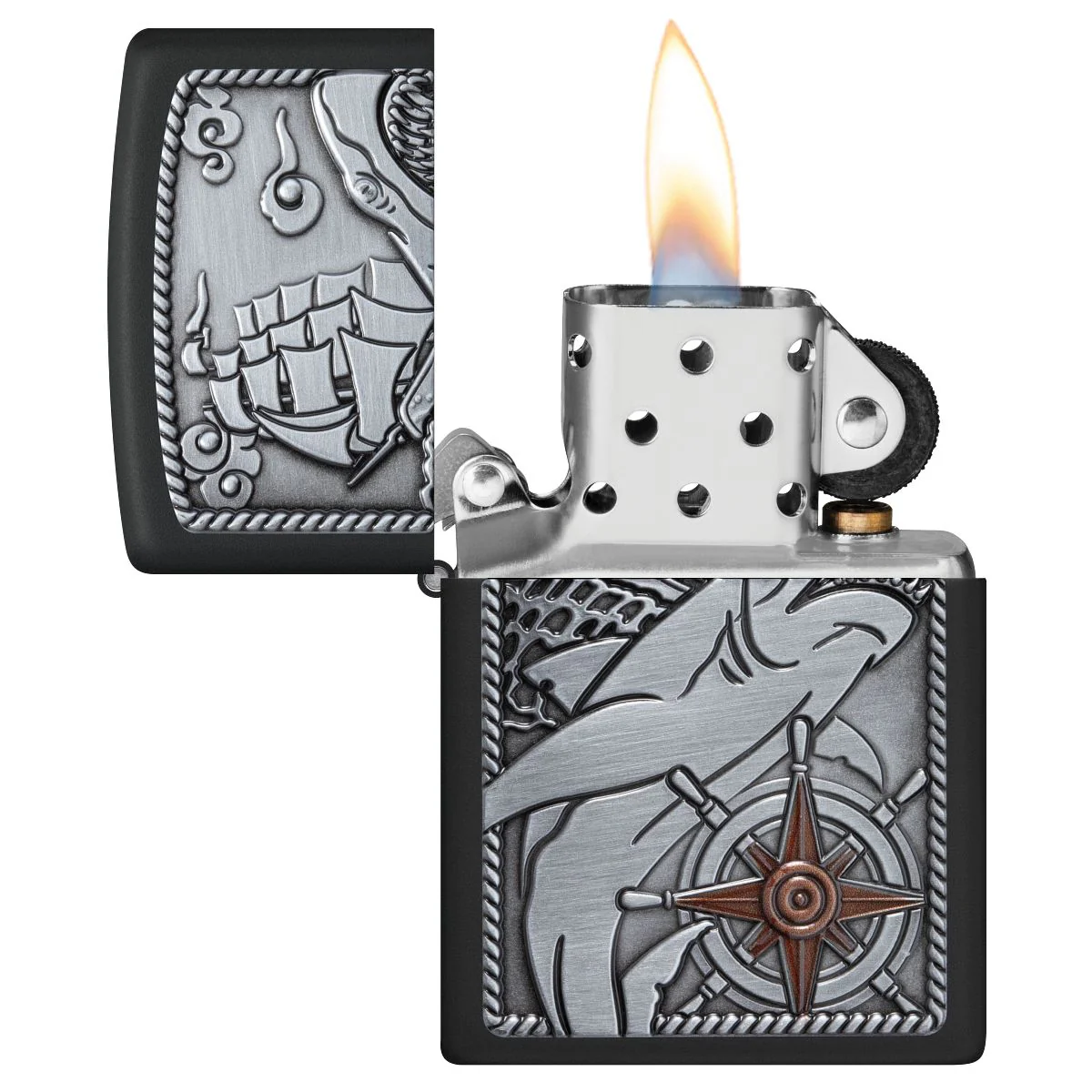 Zippo Lighter: Ship and Shark Emblem - Black Matte 48120 - Image 4