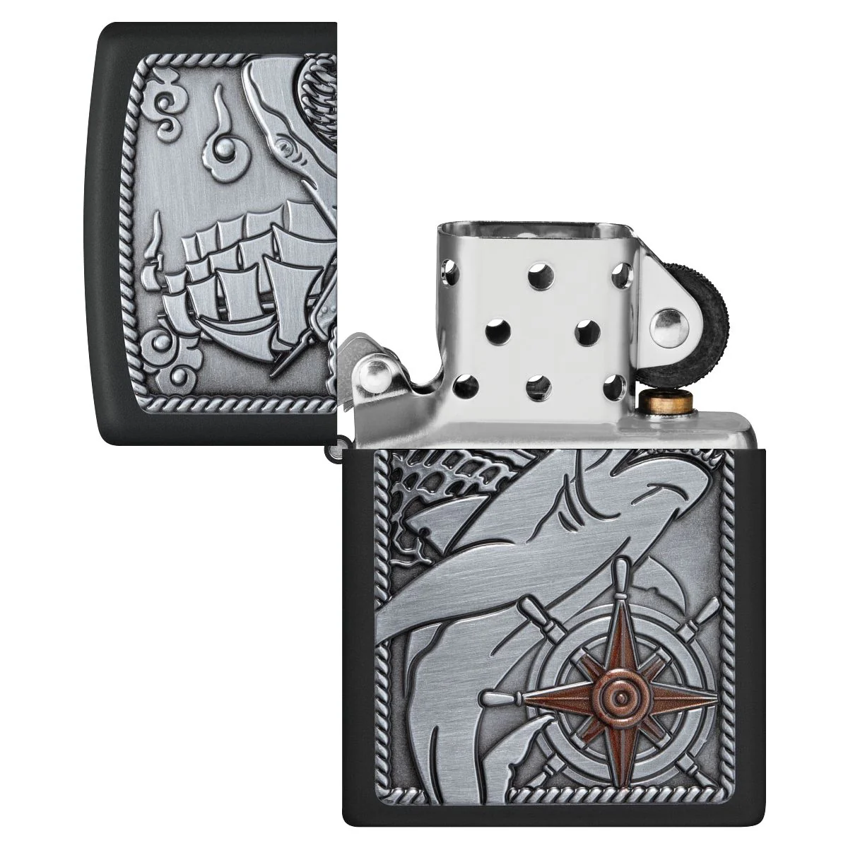 Zippo Lighter: Ship and Shark Emblem - Black Matte 48120 - Image 5