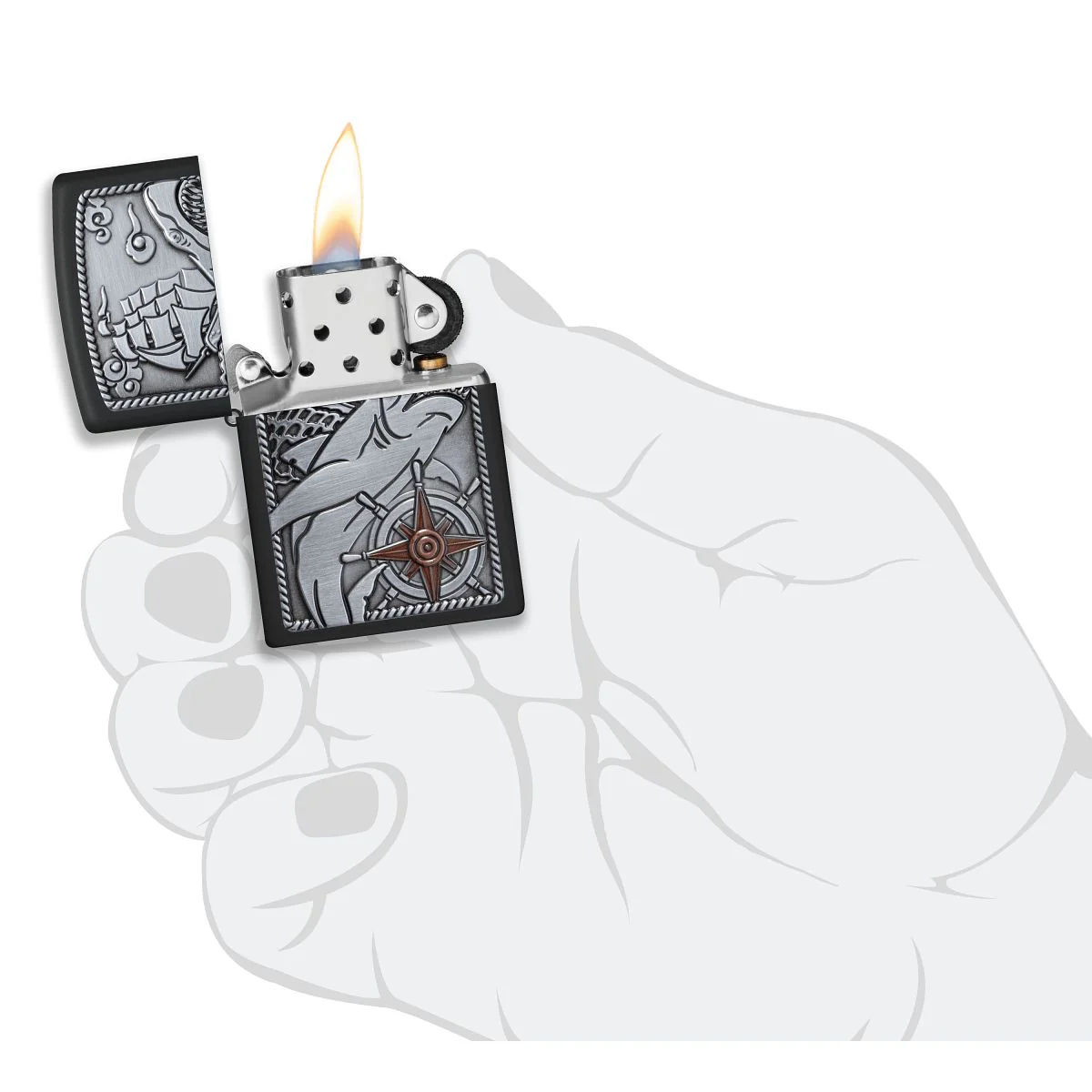 Zippo Lighter: Ship and Shark Emblem - Black Matte 48120 - Image 6