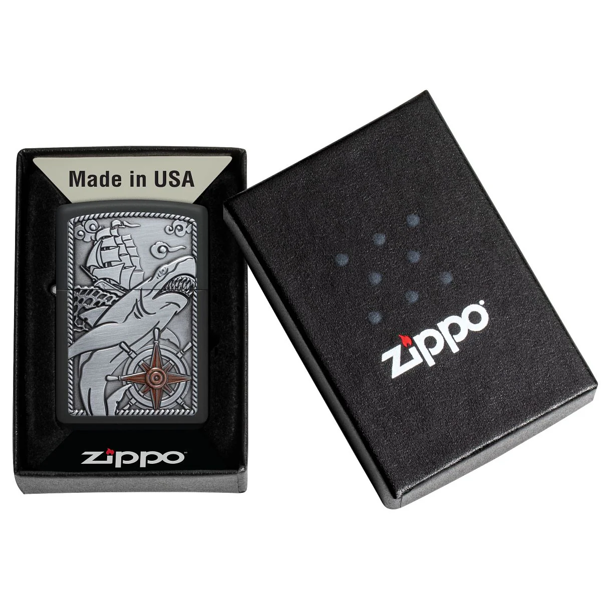 Zippo Lighter: Ship and Shark Emblem - Black Matte 48120 - Image 7