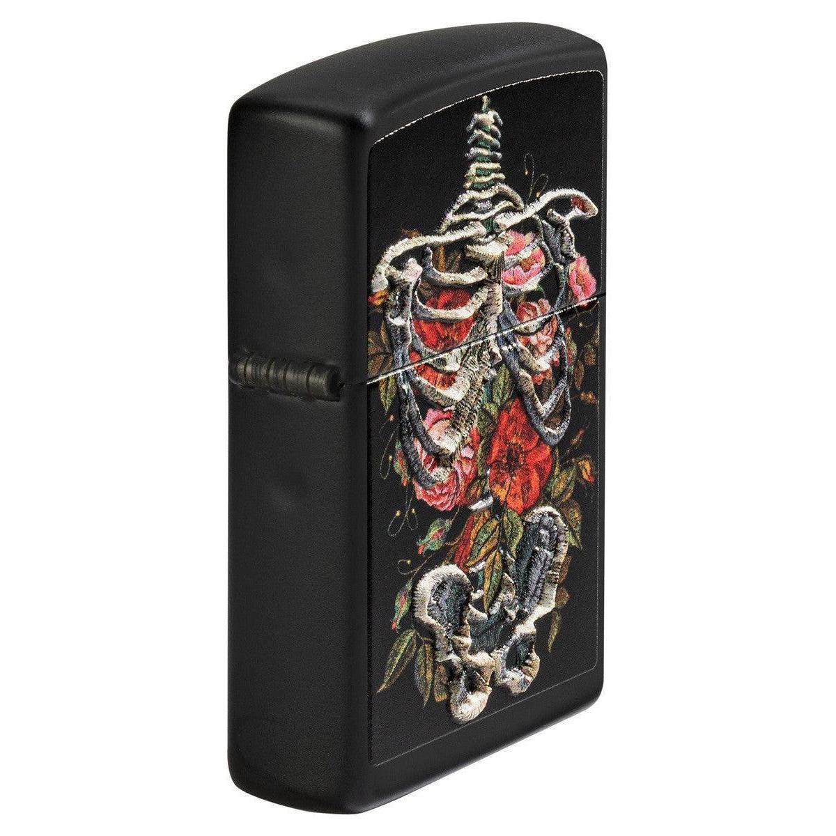 Zippo Lighter: Skeleton and Flowers, Texture Print - Black Matte 81474 - Image 2