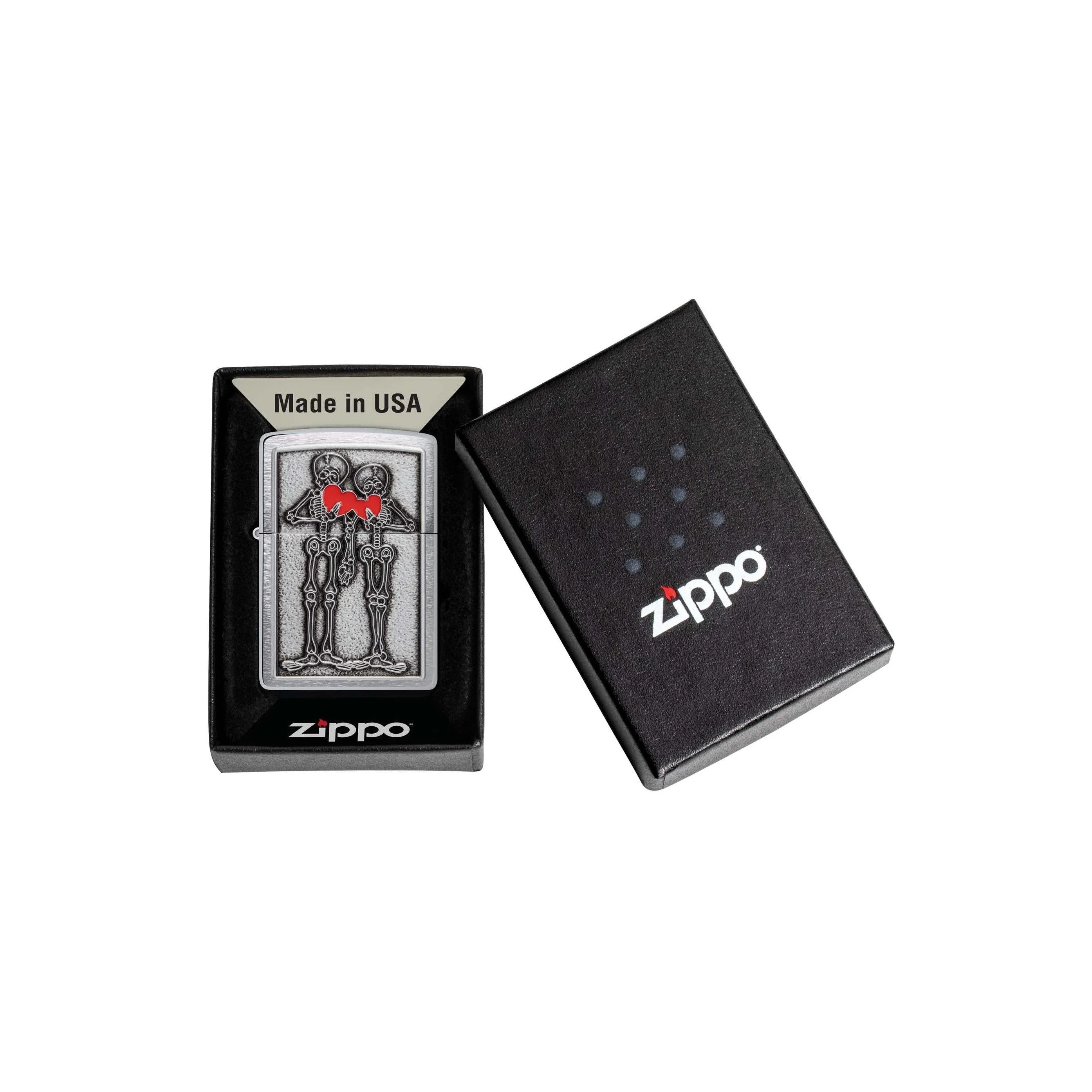 Zippo Lighter: Skeleton Couple Emblem - Brushed Chrome 48688 - Image 3