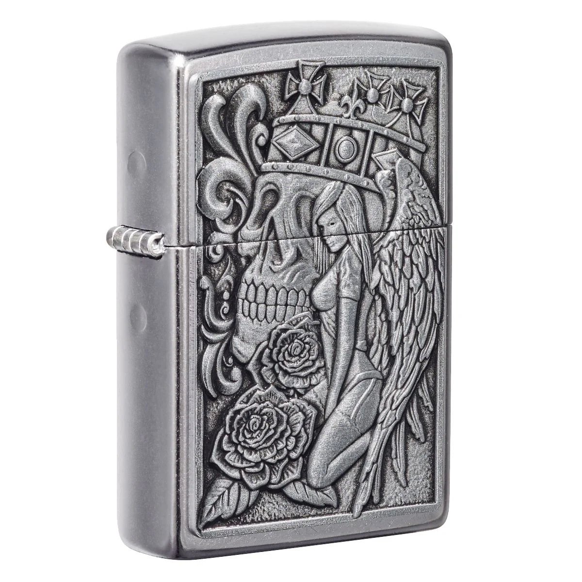 Zippo Lighter: Skull and Angel Emblem - Street Chrome 49442
