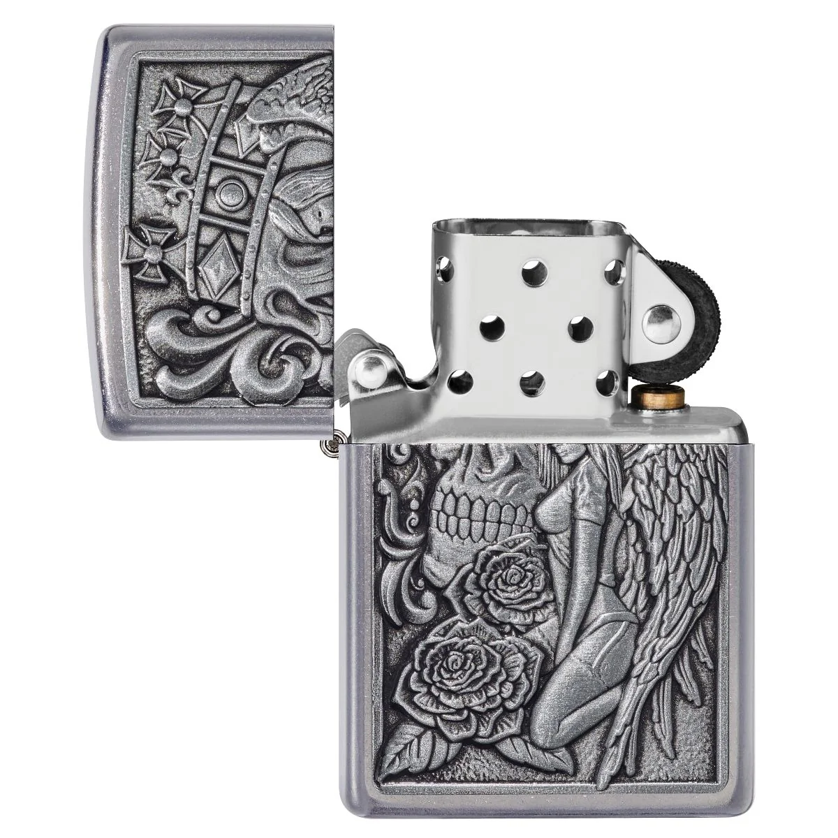 Zippo Lighter: Skull and Angel Emblem - Street Chrome 49442 - Image 4