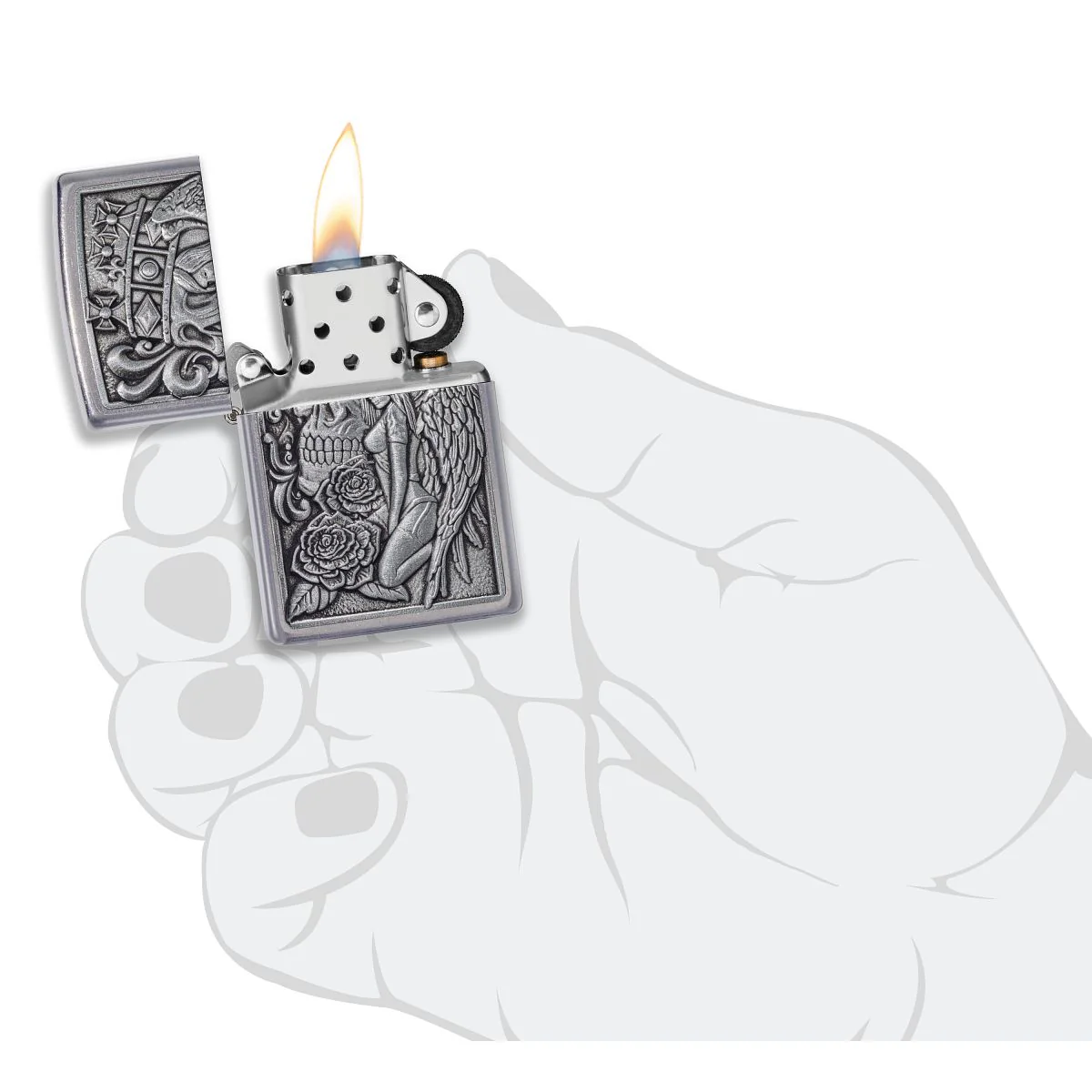 Zippo Lighter: Skull and Angel Emblem - Street Chrome 49442 - Image 5