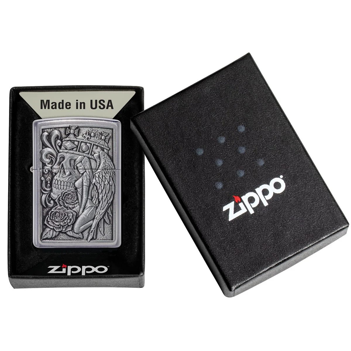 Zippo Lighter: Skull and Angel Emblem - Street Chrome 49442 - Image 6