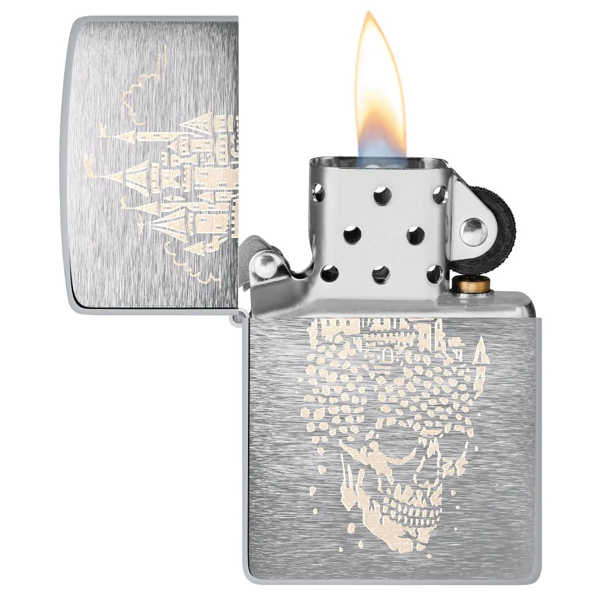 Zippo Lighter: Skull Castle Design, Engraved - Brushed Chrome 46477 - Image 3