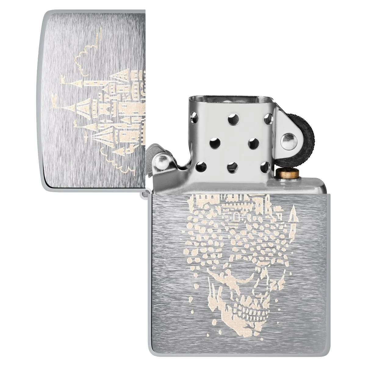 Zippo Lighter: Skull Castle Design, Engraved - Brushed Chrome 46477 - Image 4