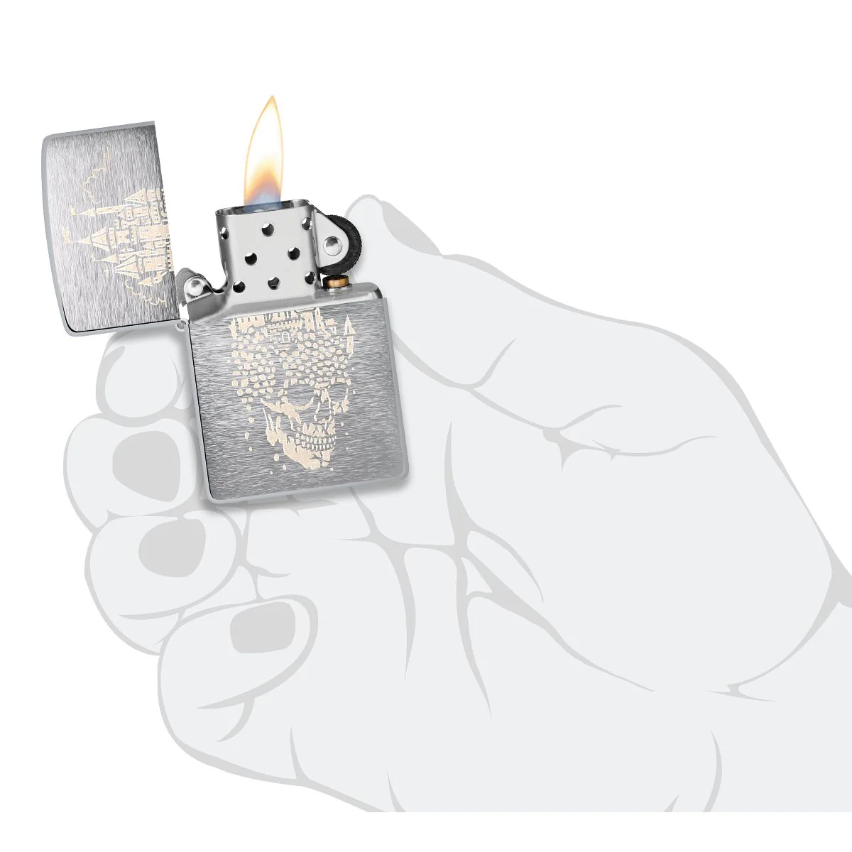 Zippo Lighter: Skull Castle Design, Engraved - Brushed Chrome 46477 - Image 5