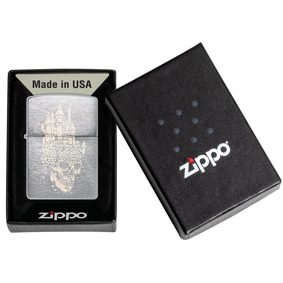 Zippo Lighter: Skull Castle Design, Engraved - Brushed Chrome 46477 - Image 6