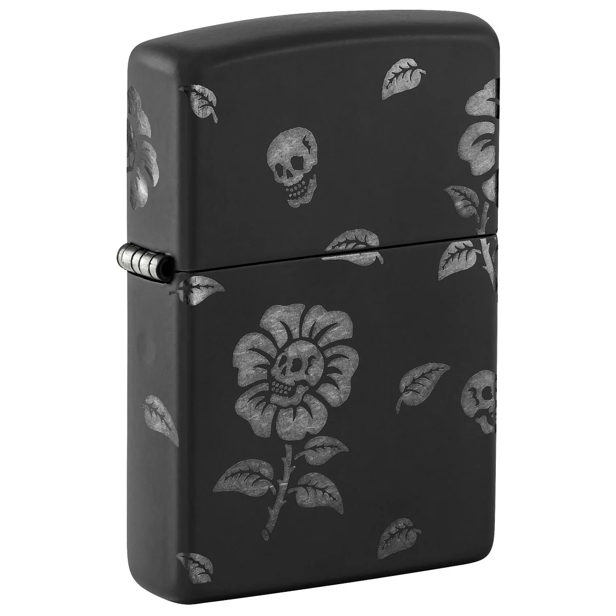 Zippo Lighter: Skull Flowers, Laser Engraved 360 - Black Matte with Chrome 48931