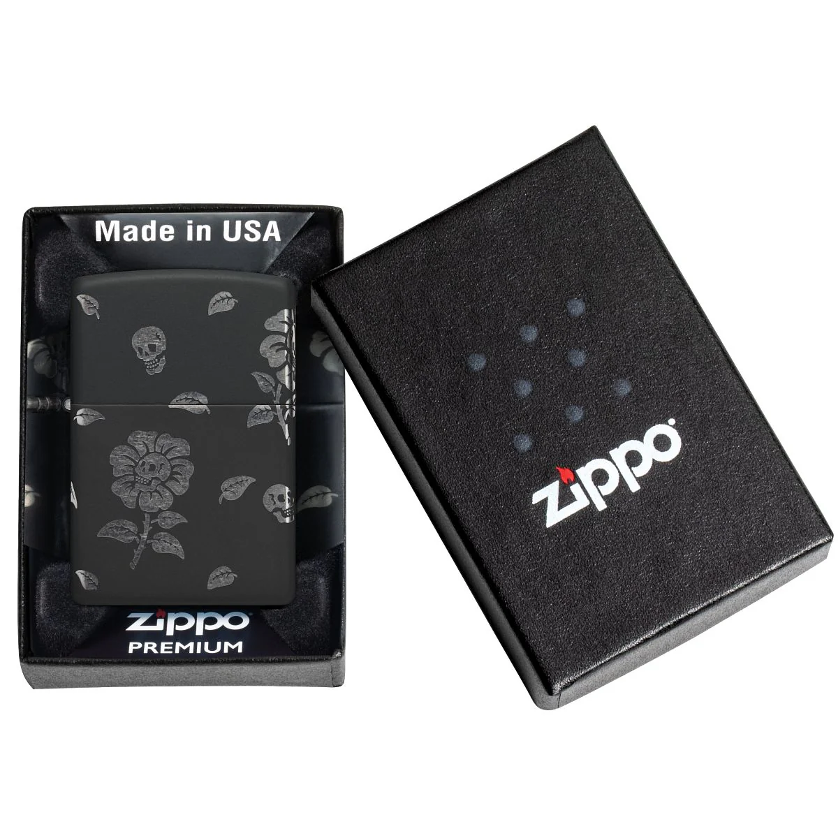 Zippo Lighter: Skull Flowers, Laser Engraved 360 - Black Matte with Chrome 48931 - Image 10