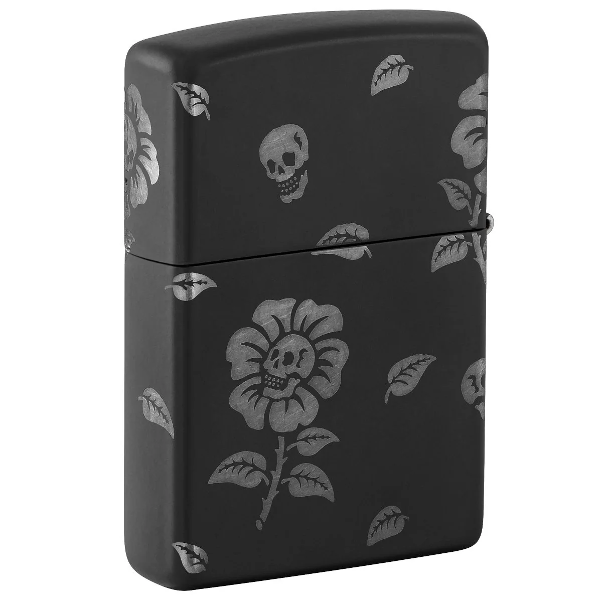 Zippo Lighter: Skull Flowers, Laser Engraved 360 - Black Matte with Chrome 48931 - Image 2